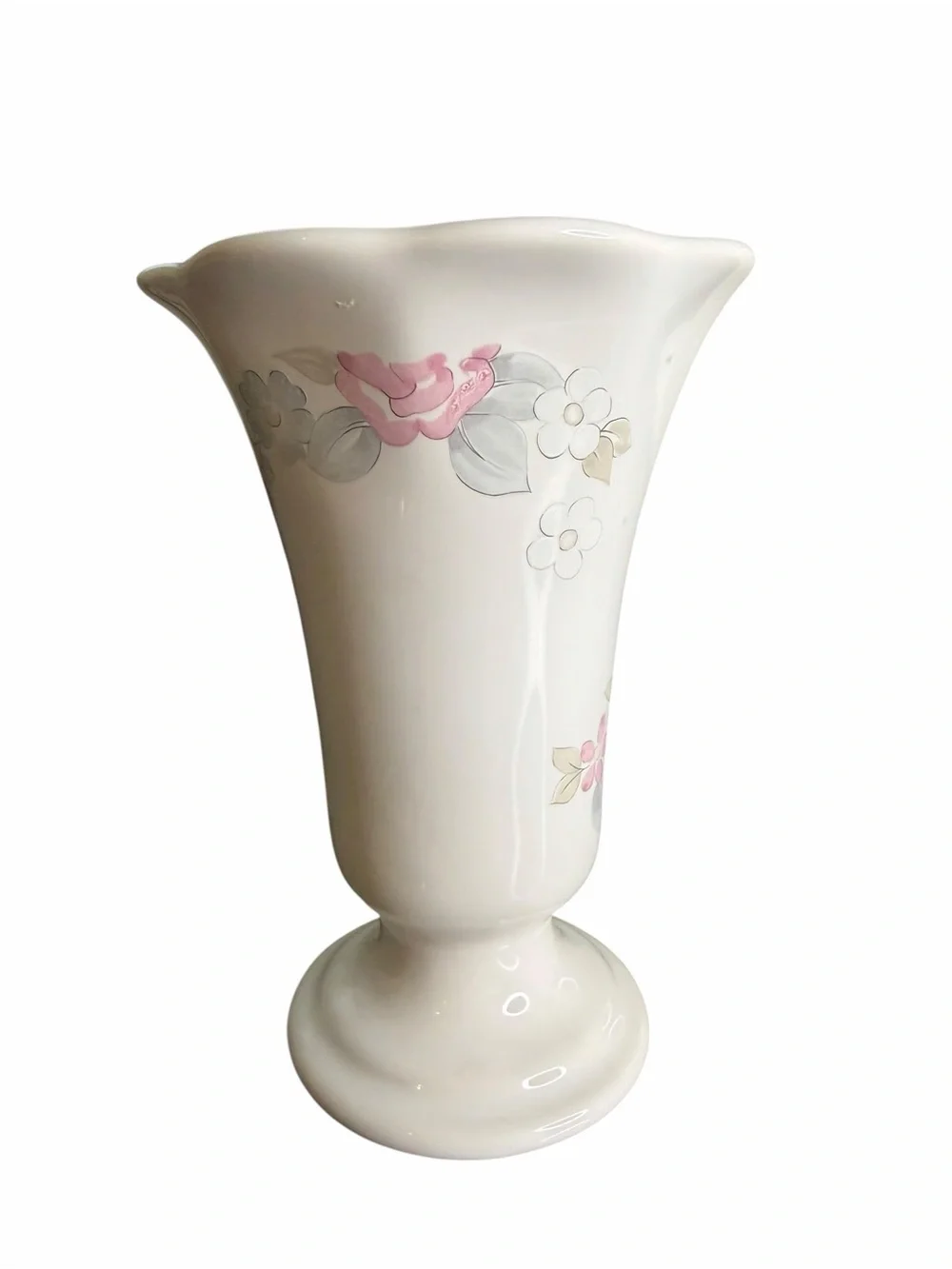 Pfaltzgraff USA Wyndham Floral Stonewear Vase Pink Blue Flowers Scalloped Rim 7”